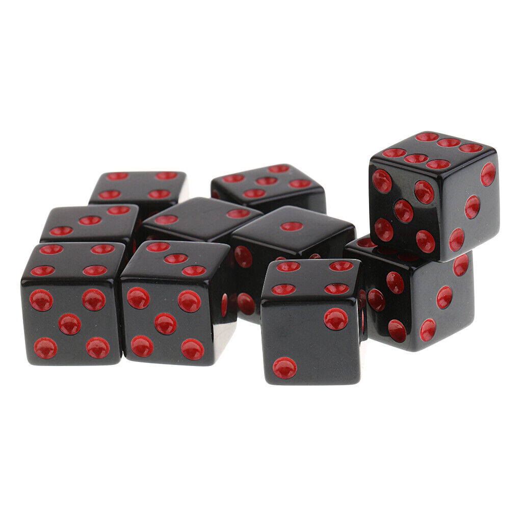 Set of 10 Acrylic Six Sided Square Opaque D6 16mm  Die Black w/ Red