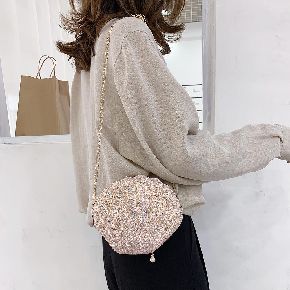 Cute Sequin Shoulder Handbags Women Small Chain Shell Crossbody Bags (Pink)