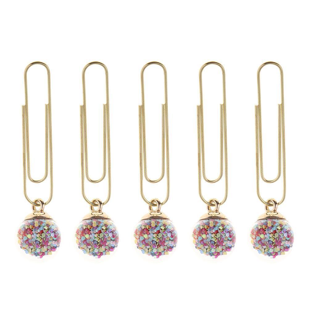 5Pcs Metal Paper Clips with Colorful Glass Ball Bookmarks Stationery Office
