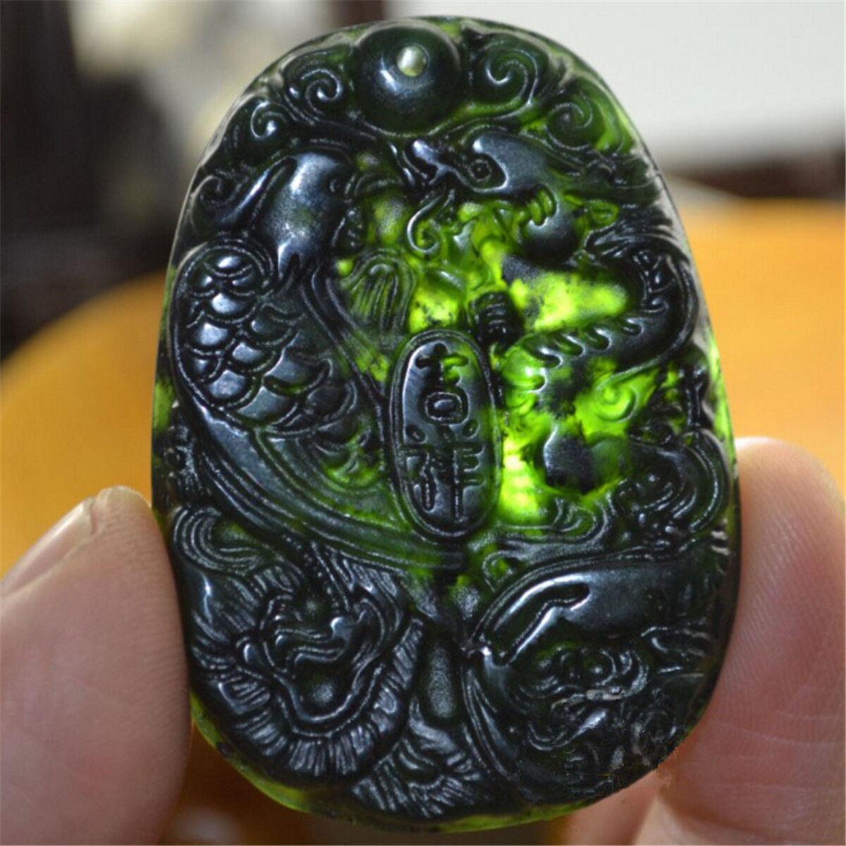 Natural Chinese Black Green Jade Dragon Phoenix Necklace Pendant Lucky Amulet