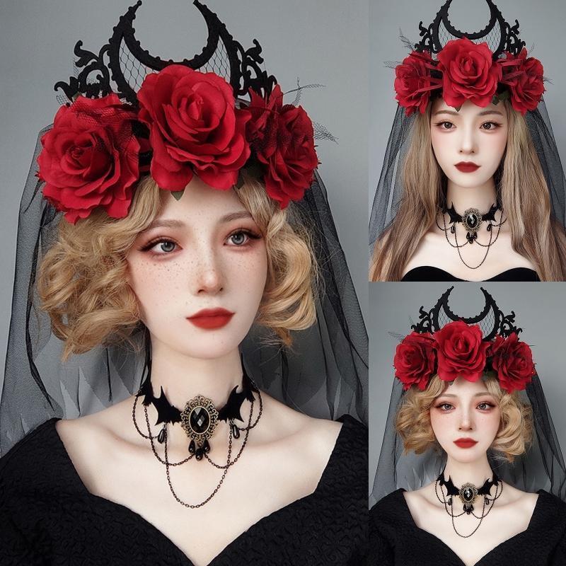 Black Veil Crown Day of the Death Headband Halloween Crown Gothic Headwear