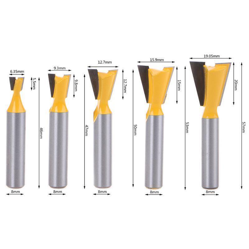 5pcs/set 8mm Shank 14 Degree Grade Industrial Rod Dovetail Router Bit Swallow