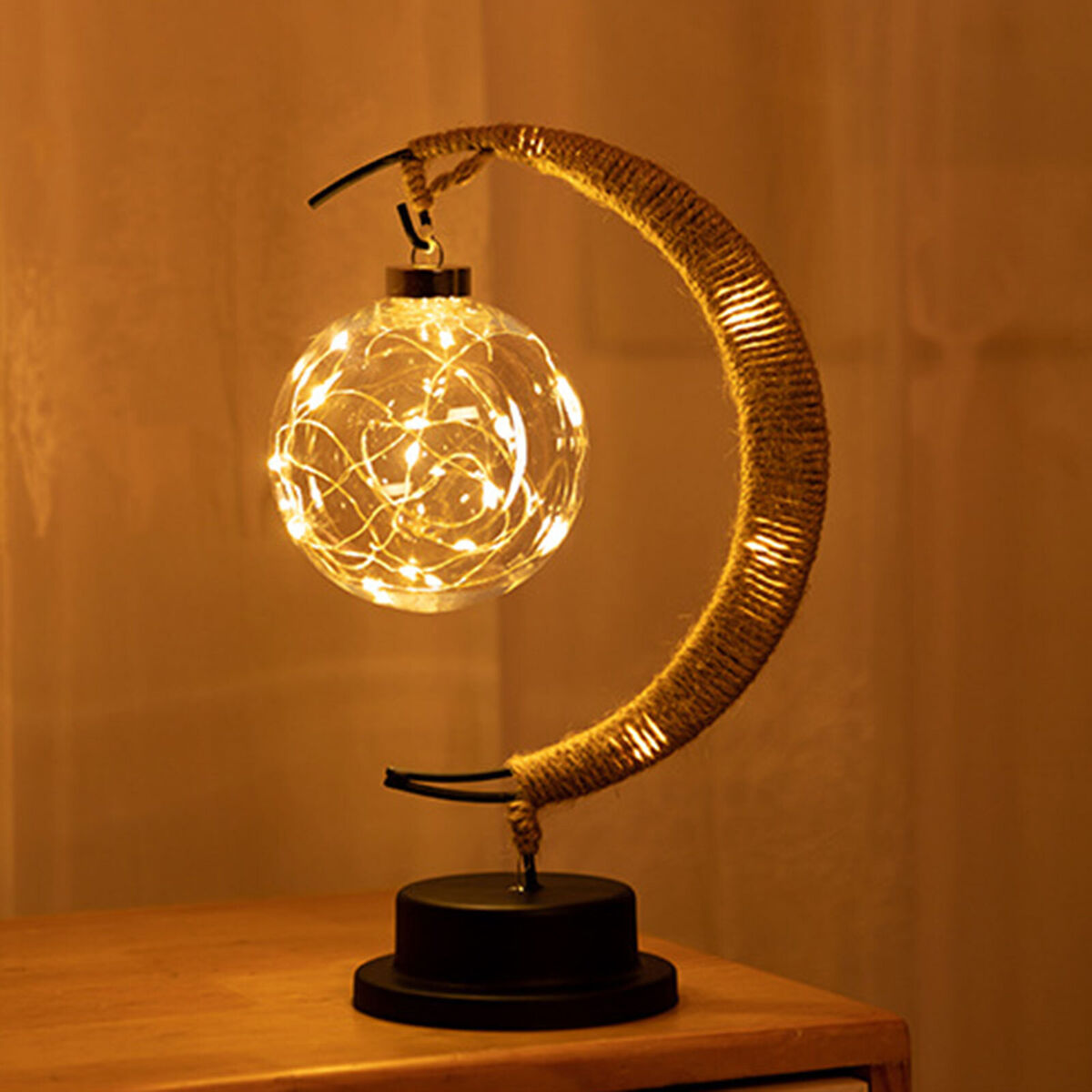 LED Moon Sepak Takraw Lamp Handmade Hemp Rope Wrought Iron Night Light Home