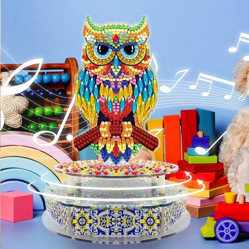 Owl Standing on Branch DIY Diamond Painting Mechanical Music Box with LED Light