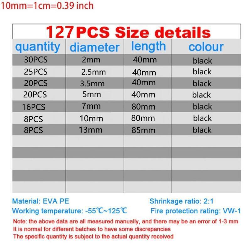 127xBlack Heat Shrink Tube Wire Wrap Cable Sleeve Assortment Kit Insulation Tube
