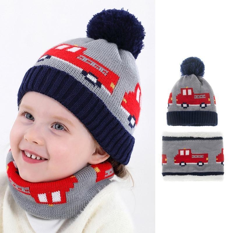 0-4Y Kid Winter Hat Scarf Set Pom Pom Cap Baby Knitted Hats Knitted Beanie