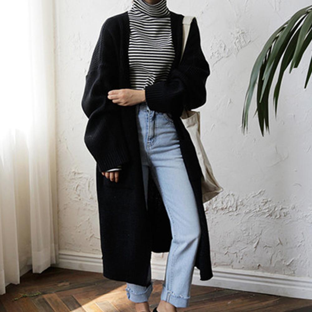 Women Long Sleeve Solid Knitted Autumn Winter Chic Sweater Coat (Black)