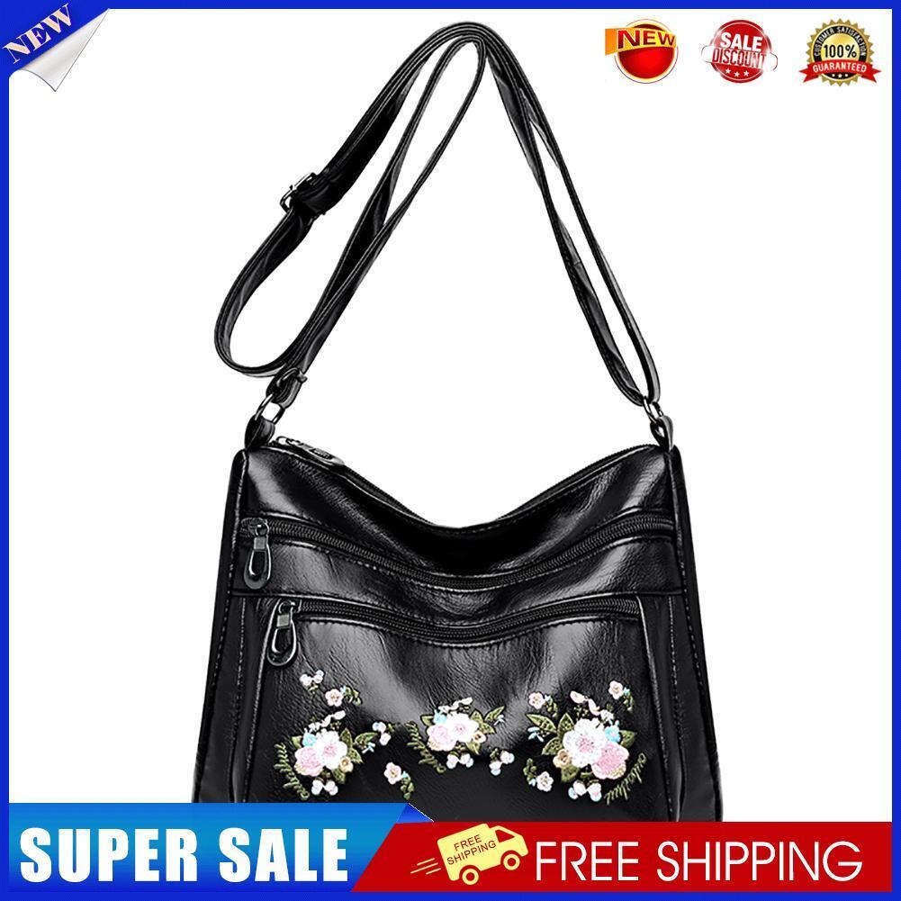 Women Embroidery Flower Crossbody Bag Zipper Multi-layer Bag (Black)