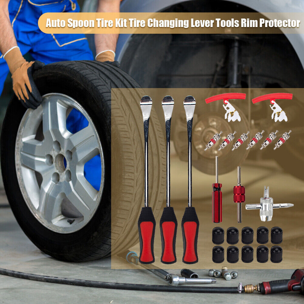 24pcs/set Car Tire Levers Red Rim Protectors Valve Cores Tools Caps Kit