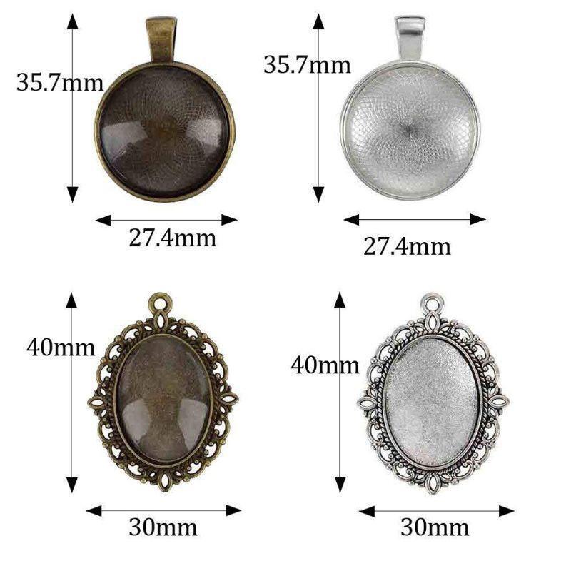 64Pc Oval Round Pendant Tray Bezel with Glass Cabochon Dome Tiles Jewelry Making