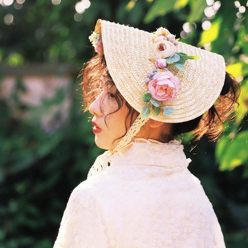 Flower Decor Women Sun Hat Lolita Tea Party Flat Hat Outdoor Beach Summer Cap