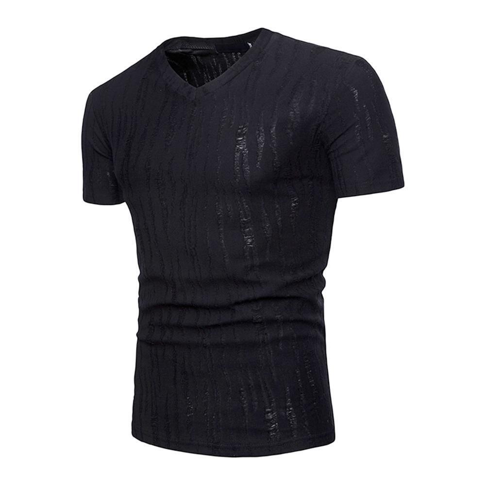 Solid Color Men V Neck Short Sleeve T-Shirts Ripped Tops(Black)(XXL)