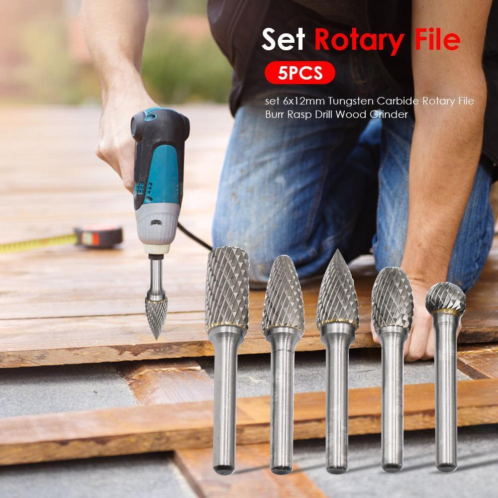 5pcs/set 6x12mm Tungsten Carbide Rotary File Burr Rasp Drill Wood Grinder