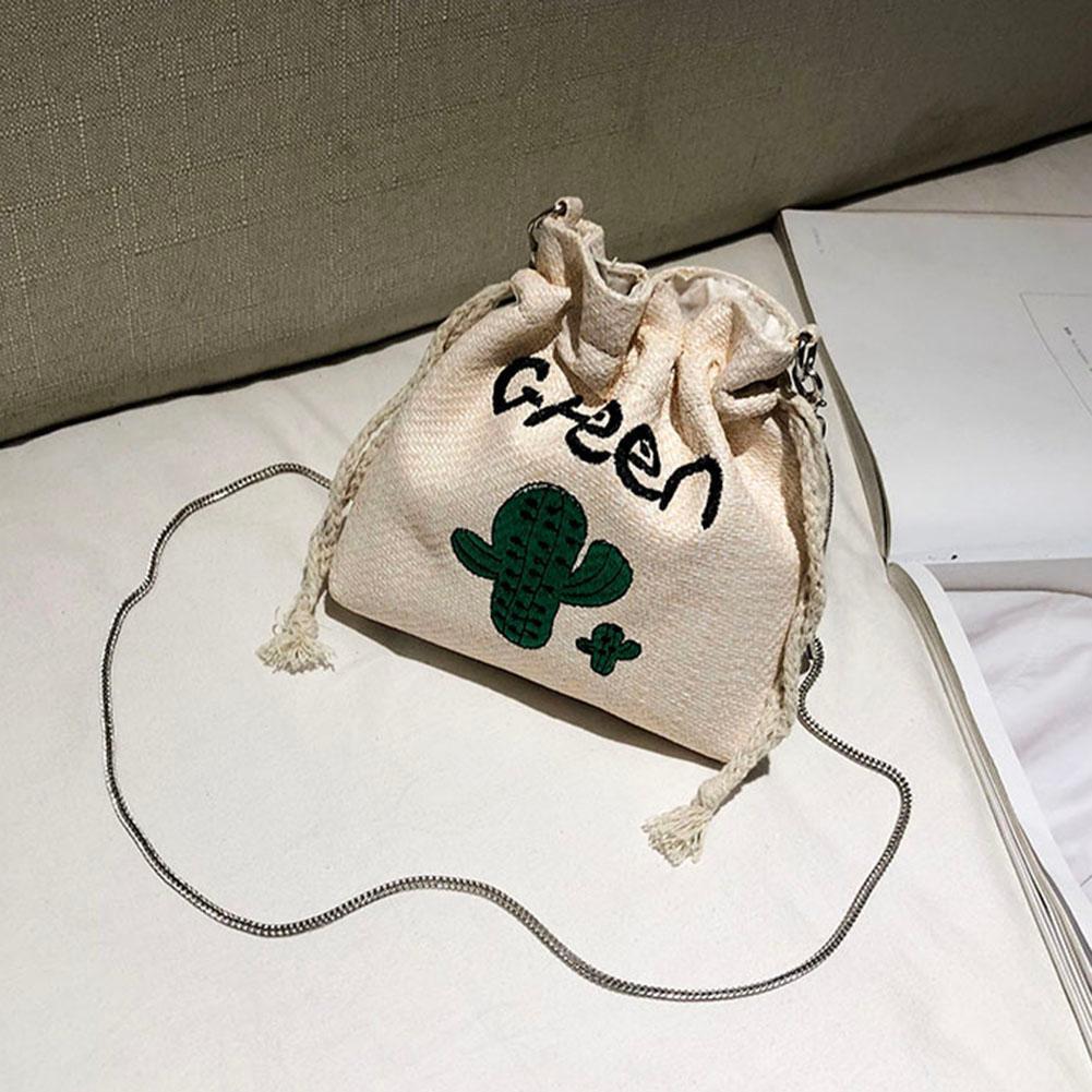 Cactus Embroidery Straw Crossbody Bucket Mini Women Chain Shoulder Bags