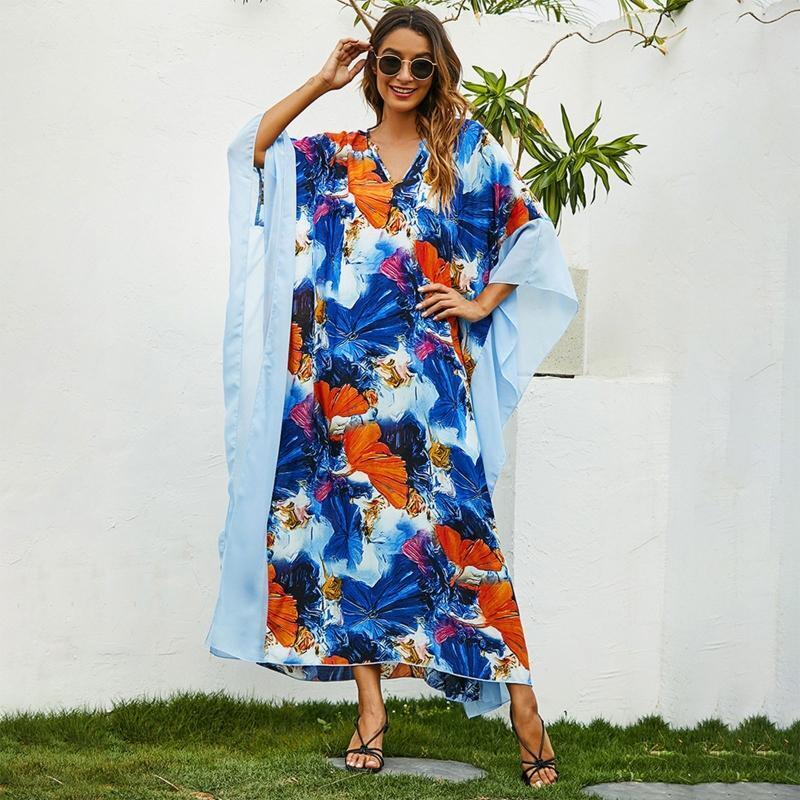 Women Middle East Long Dress 3/4 Sleeve Abstract Floral Beach Cover Up Kaftan