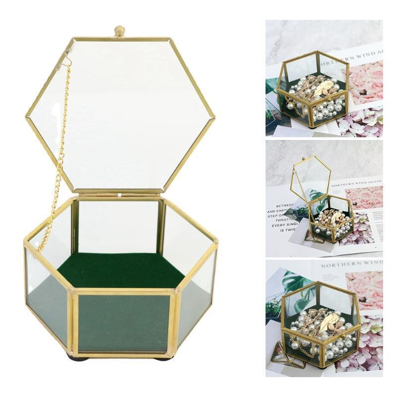Hexagonal Clear Glass Metal Jewelry Box Decorative Slanted Top Lid Shadow Box