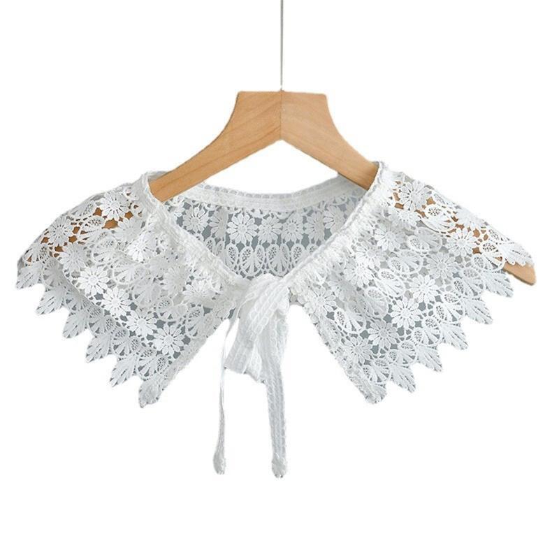 Women Pastoral White Faux Collar Shawl Embroidery Floral Lace Tassels Scarf Cape