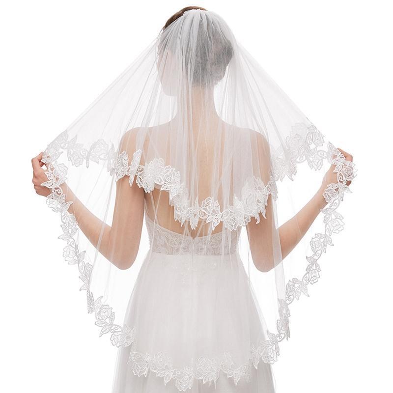 Wedding Veil with Comb 2-Layer Elbow Lace Trims Appliques Tulle Hair Accessories