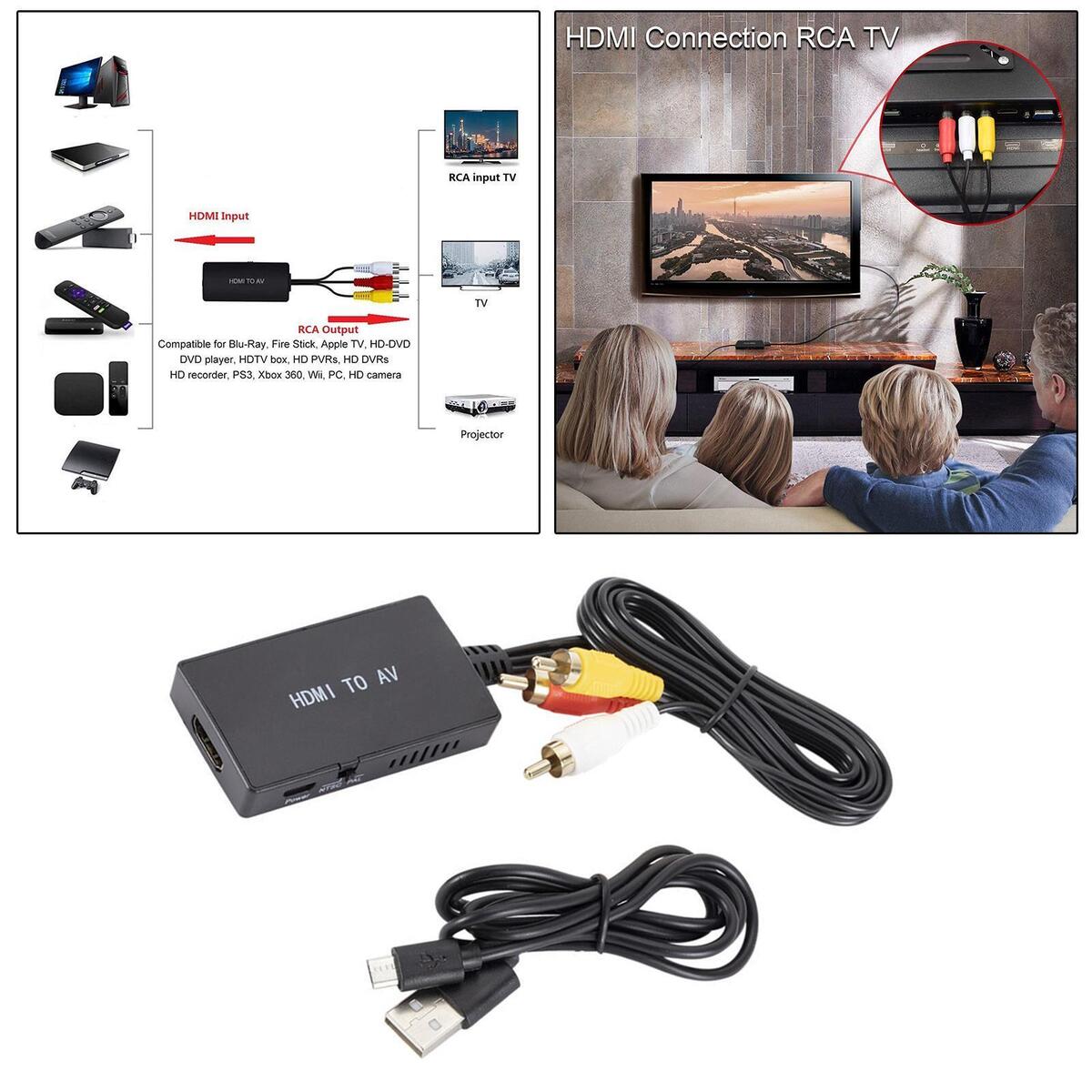 HDMI to AV Converter Video Audio Supports NTSC 1080P for Streaming TV