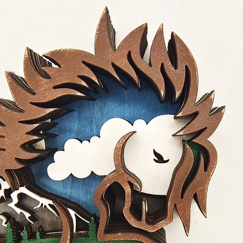 Wood Horse Ornament Glowing Multi Layer Sculpture Crafts for Home Ornaments