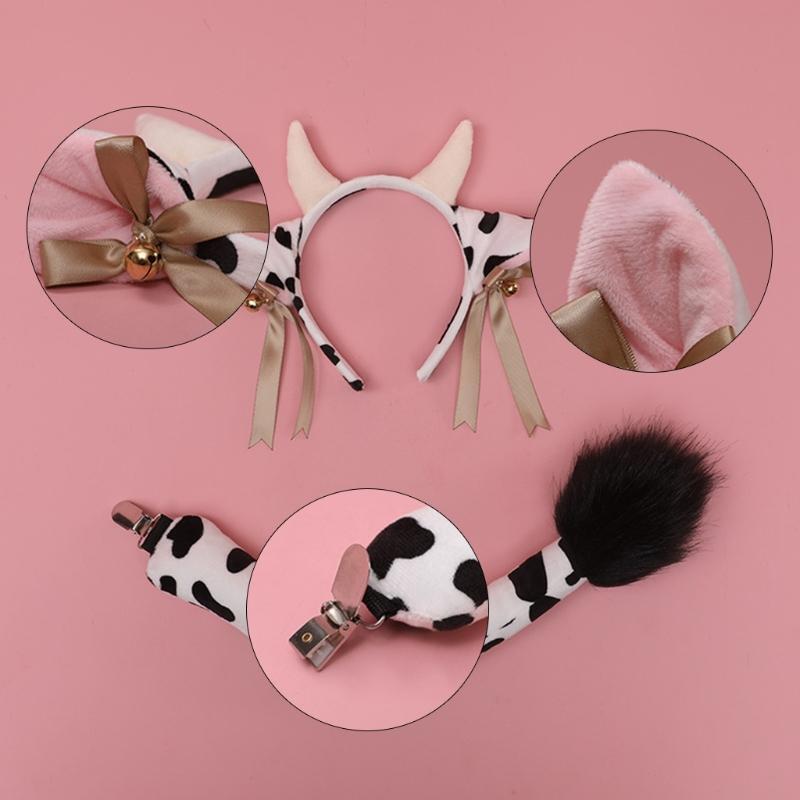 Plush Animal Cow Ears Headdress Lolita Headwear Long Tail Furry Hair Hoop