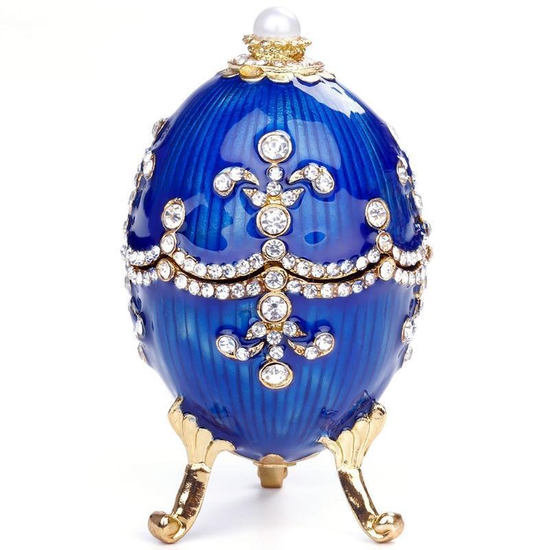 Jewelry Organizer Hand Painted Enameled Faberge Egg Jewelry Trinket Box Blue