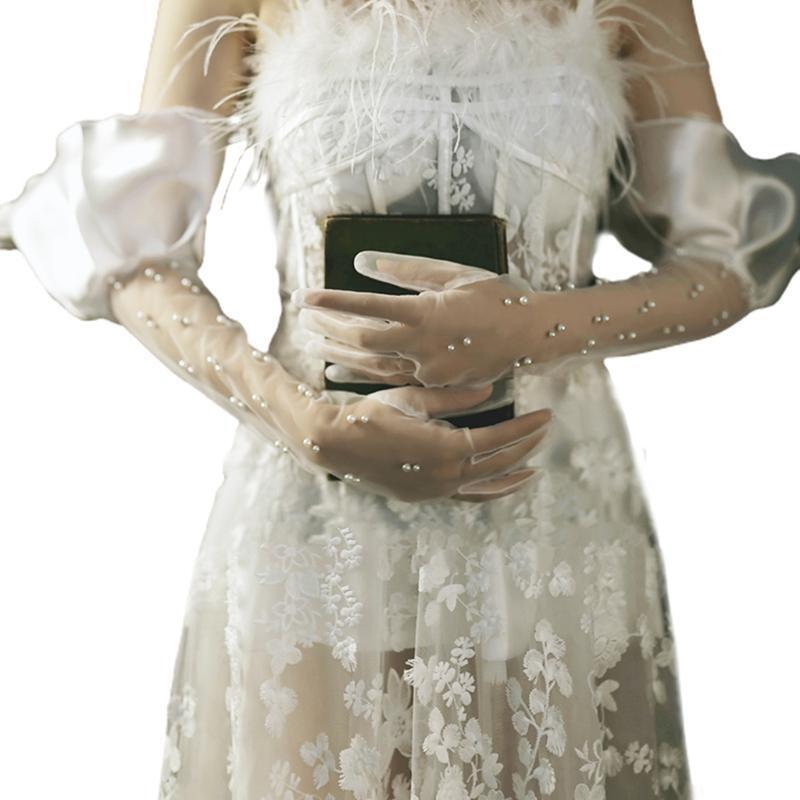 Bridal Tulle Gloves Elbow Length Lace Gloves Elegant Tea Party Wedding Gloves