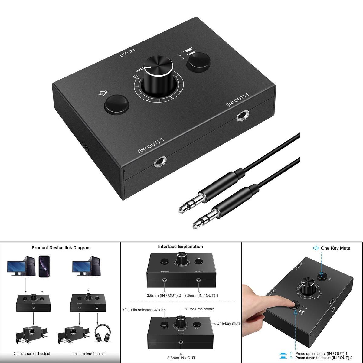 3.5mm Stereo Audio Switcher, 1 Input 2Output 2  Output Signal Source