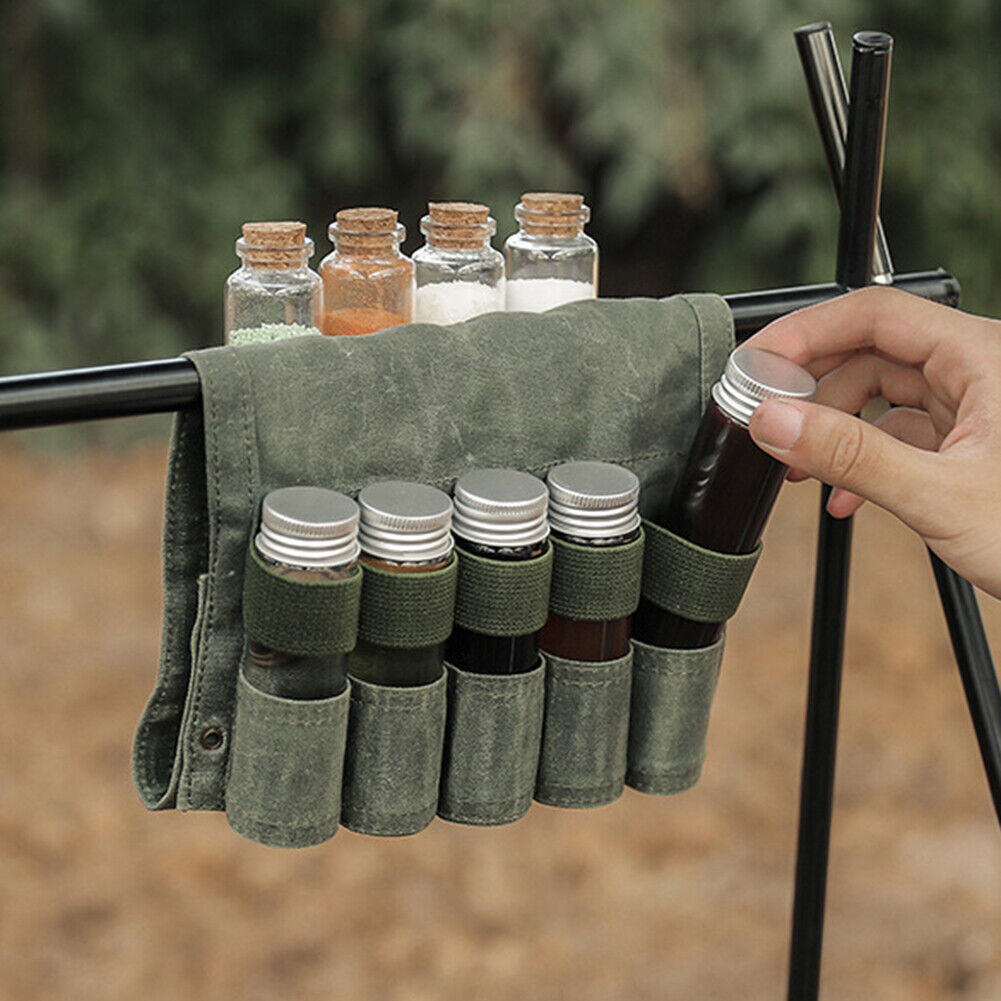 9pcs Camping Small Spice Bottles Set w/ Storage Bag Glass Jars (Dark Green)
