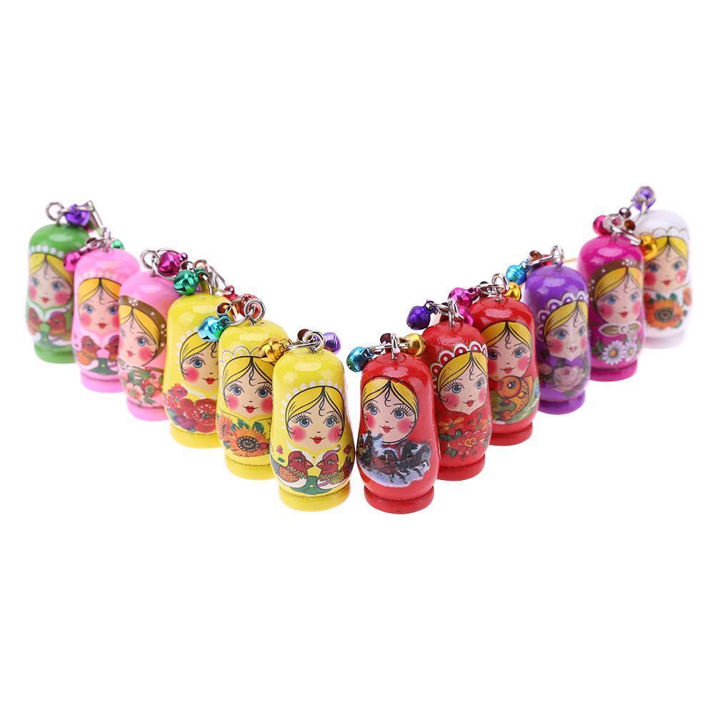 12pcs Creative Wooden Russian Matryoshka Keychain Car Handbag Ornaments