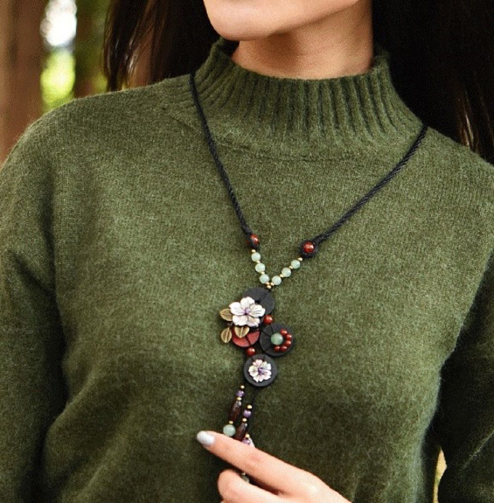 Handmade Long pendants Ethnic exotic necklace wooden necklace Shell flowers