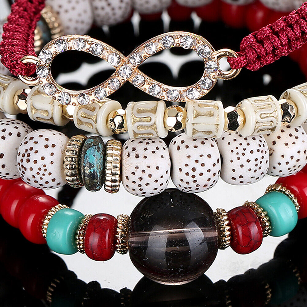 Top Tassel Woolen Multilayer Candy Color Beads Strech Bracelet (Red)
