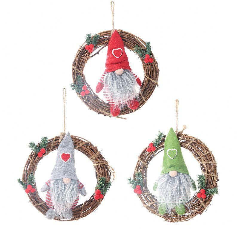 3 Pcs Handmade Swedish Tomte Santa Gnome Plush on Rattan Wreath- Scandinavian No