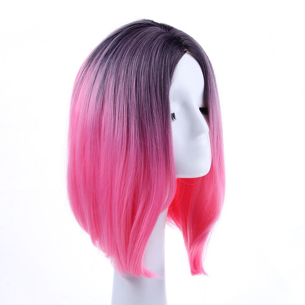 Women Medium-Long Straight Wigs Gradient Pink Heat Resistant Synthetic Hair