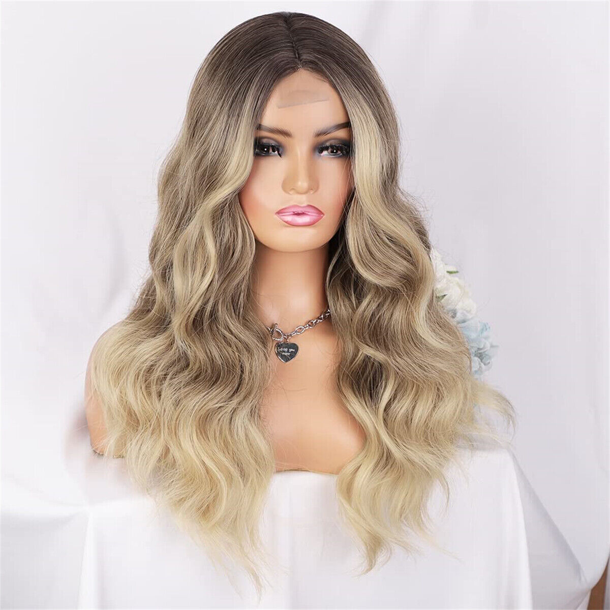 Fashion Womens Long Wavy Curly Hair Wig Ombre Blonde Synthetic Hair Full Wigs