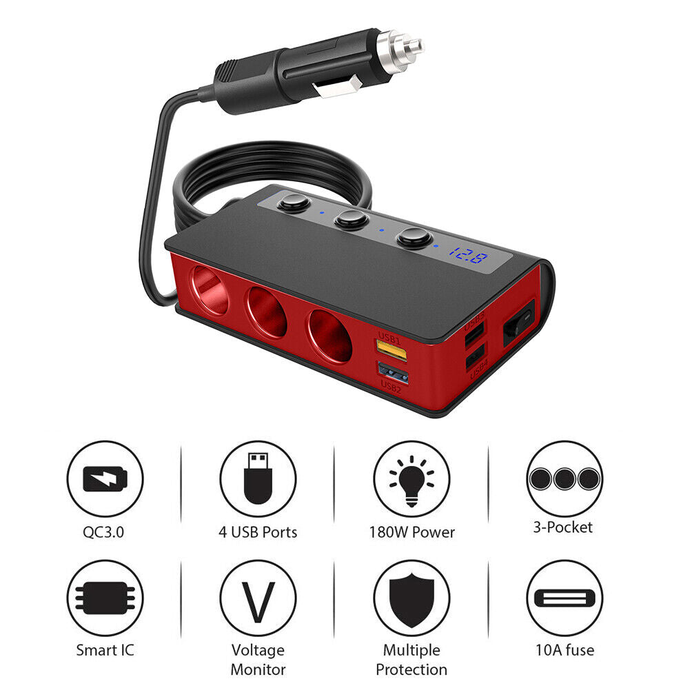 QC3.0 Cigarette Lighter 3 Socket 180W Power Adapter USB Car Charger (Red)