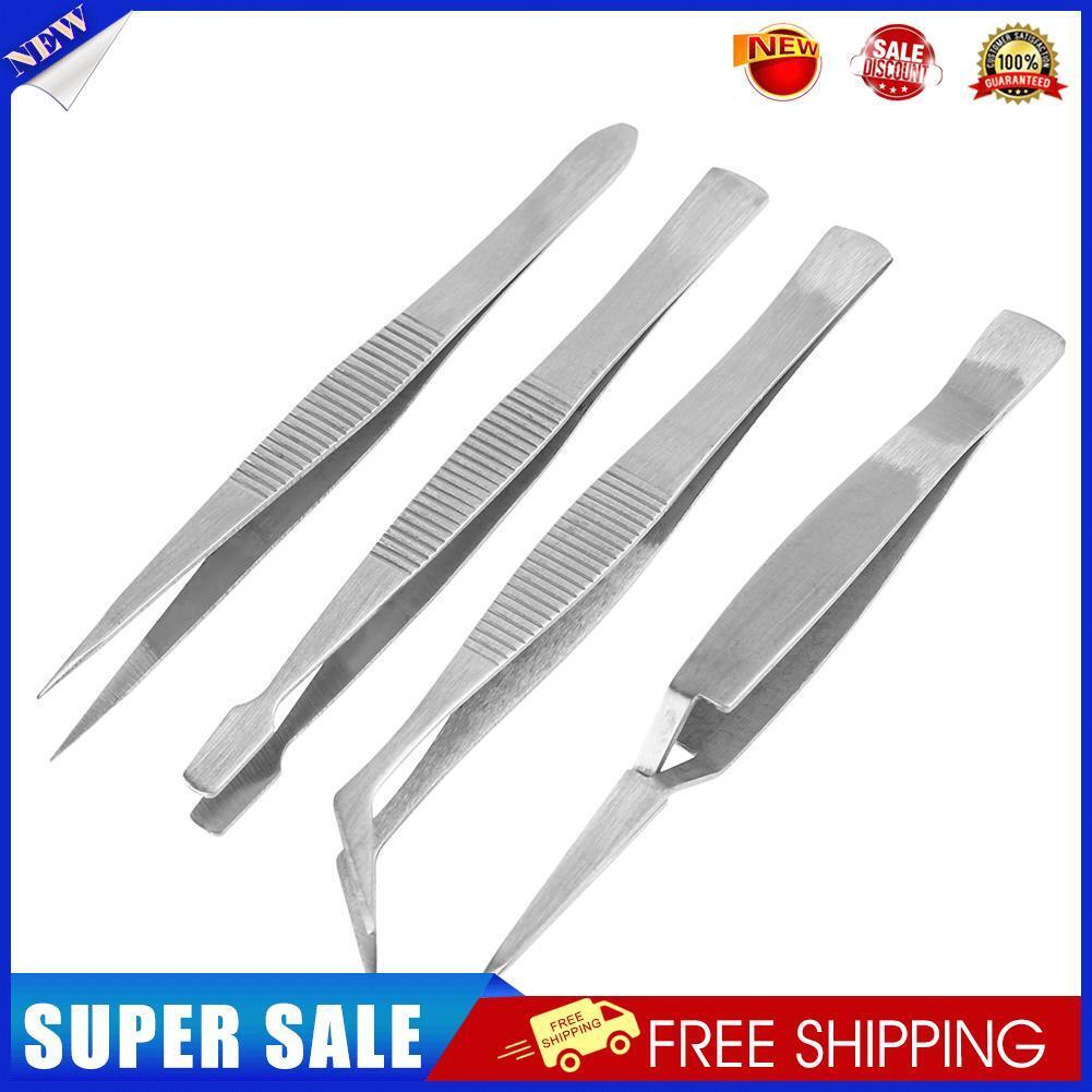 4pcs Stainless Steel Tweezers Pointed Elbow Flat Cross for Craft Kraft