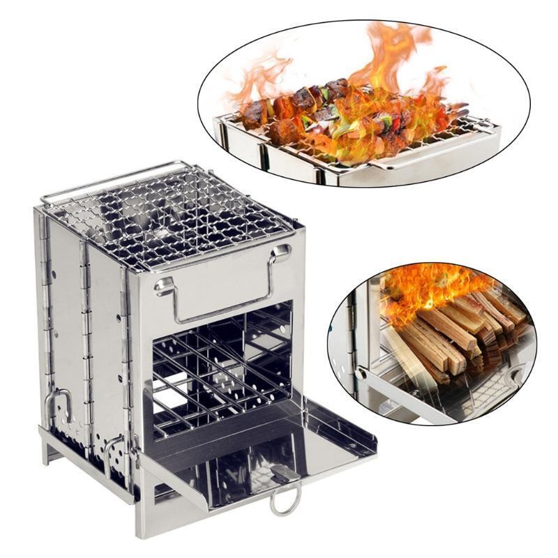 Mini Firewood Stove Camping Cooking Picnic Stainless Steel Charcoal Folding Gril
