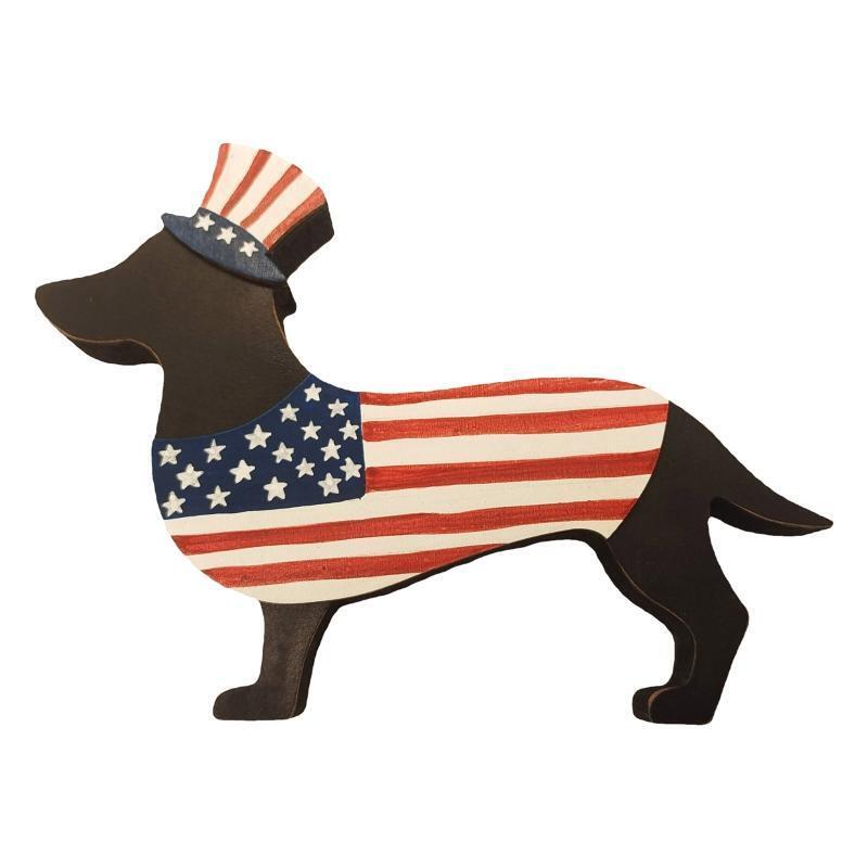 Independence Day Wooden Carved Dog Ornament 4th of July Wood Crafts