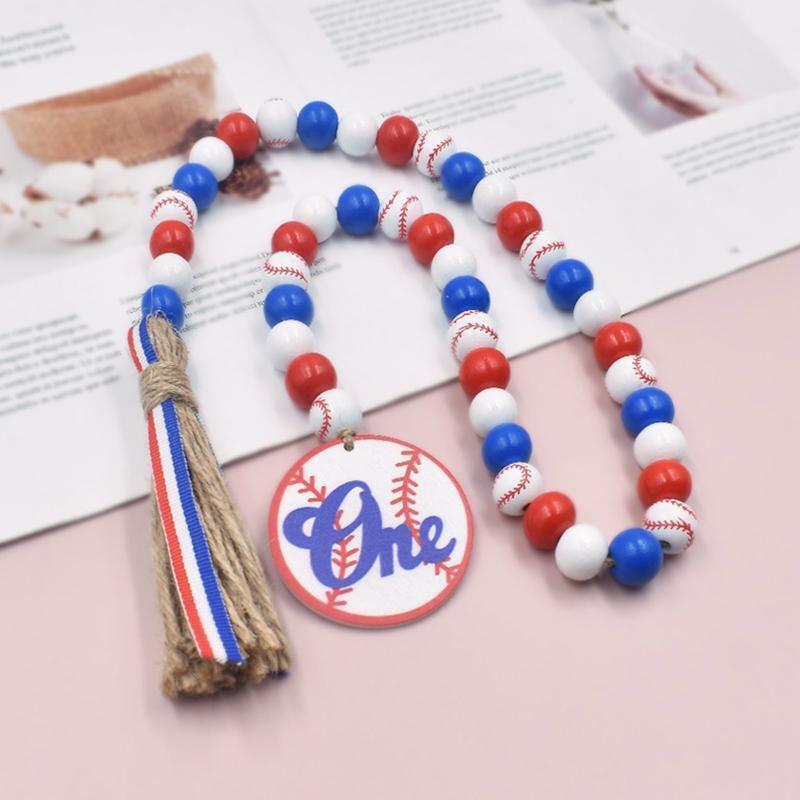 Wood Bead Garland with Tassels Baseball Tag Blue Red and White Sports Theme