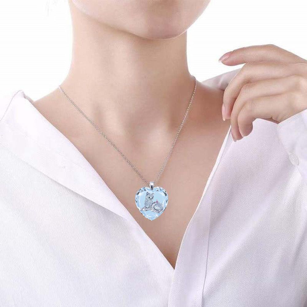 Party White Crystal Cat Pattern Pendant Heart Shaped Jewelry Women's Necklace