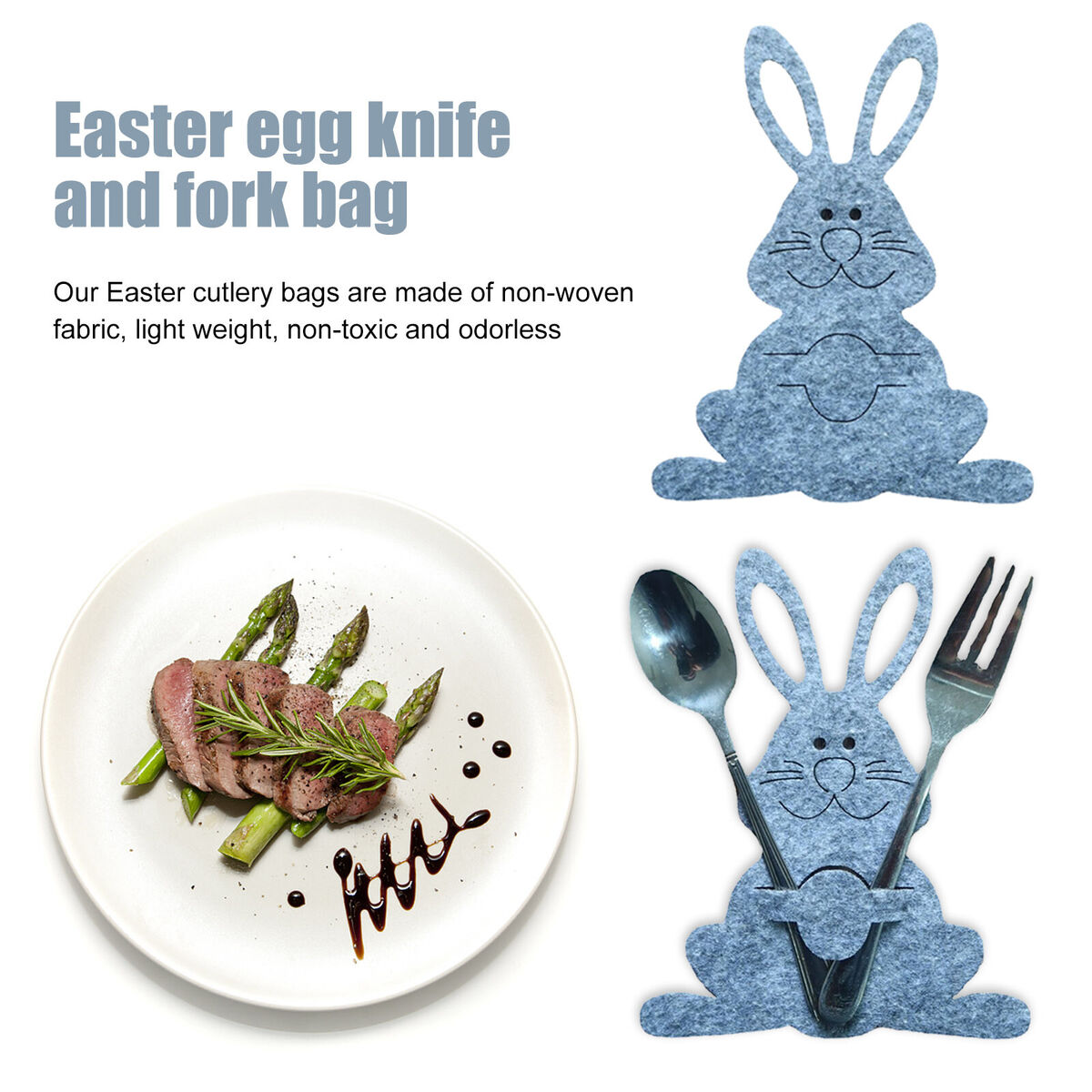 Cutlery Bag - Easter Bunny Dinner Table Decor Supplies 4 Pieces (Grey)
