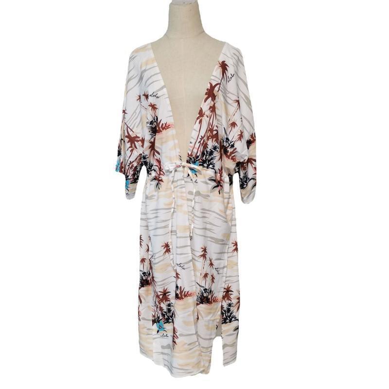 Womens Girls Beach Blouses Leaves Printed Kimono Cardigan Long Bikini Cover Up