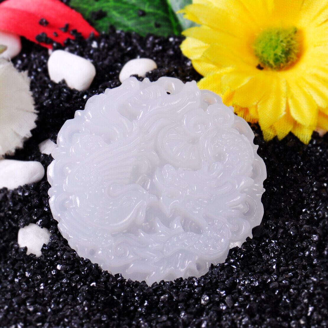 Natural White Jade Hand Carved Necklace Pendant Chinese Dragon Phoenix Mascot Li