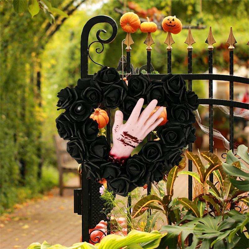 Black Halloween Wreath Heart Wreath Door Wreath with Bloodstain Hand Rose Decor