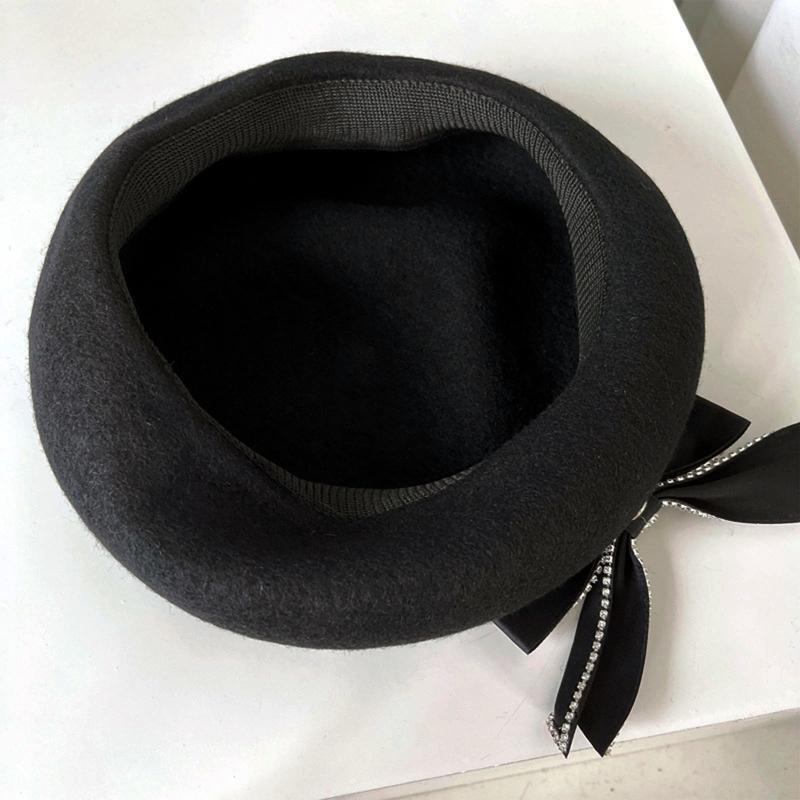 Fashion Ribbon Bow Beret Winter Black Beanie Hat Painter Hat Warm for Fall Winte