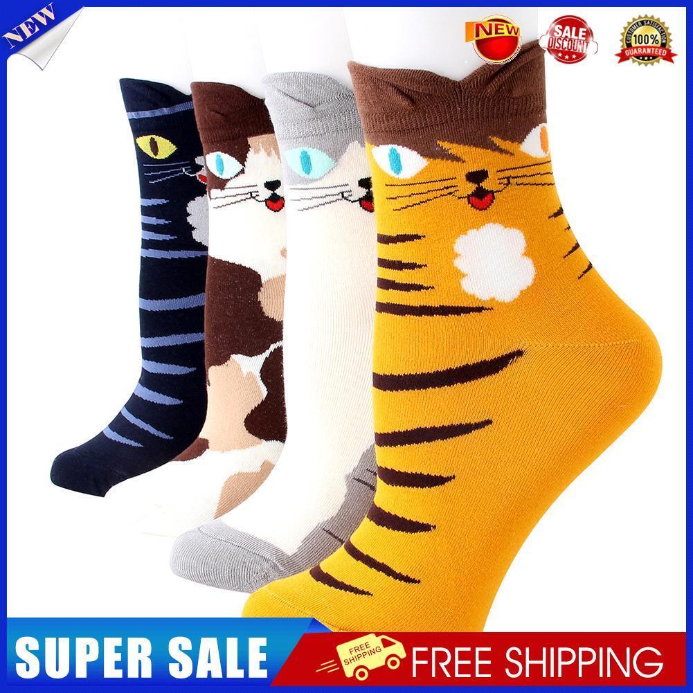 4 Pairs Cotton Ankle Socks Women Girl Autumn Winter Cartoon Cat Print Socks