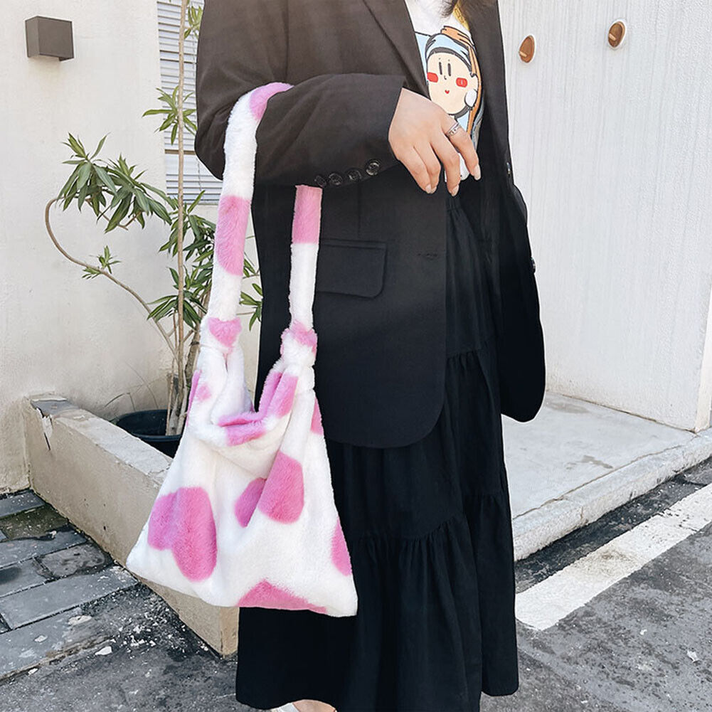 Fashion Women Love Print Plush Messenger Bag Autumn Winter Handbags (Pink)