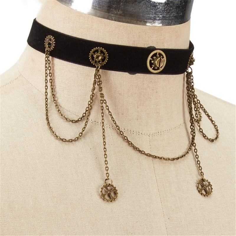 Women Girl Gothic Velvet Choker Metal Gear Chain Adjustable Necklace Accessories