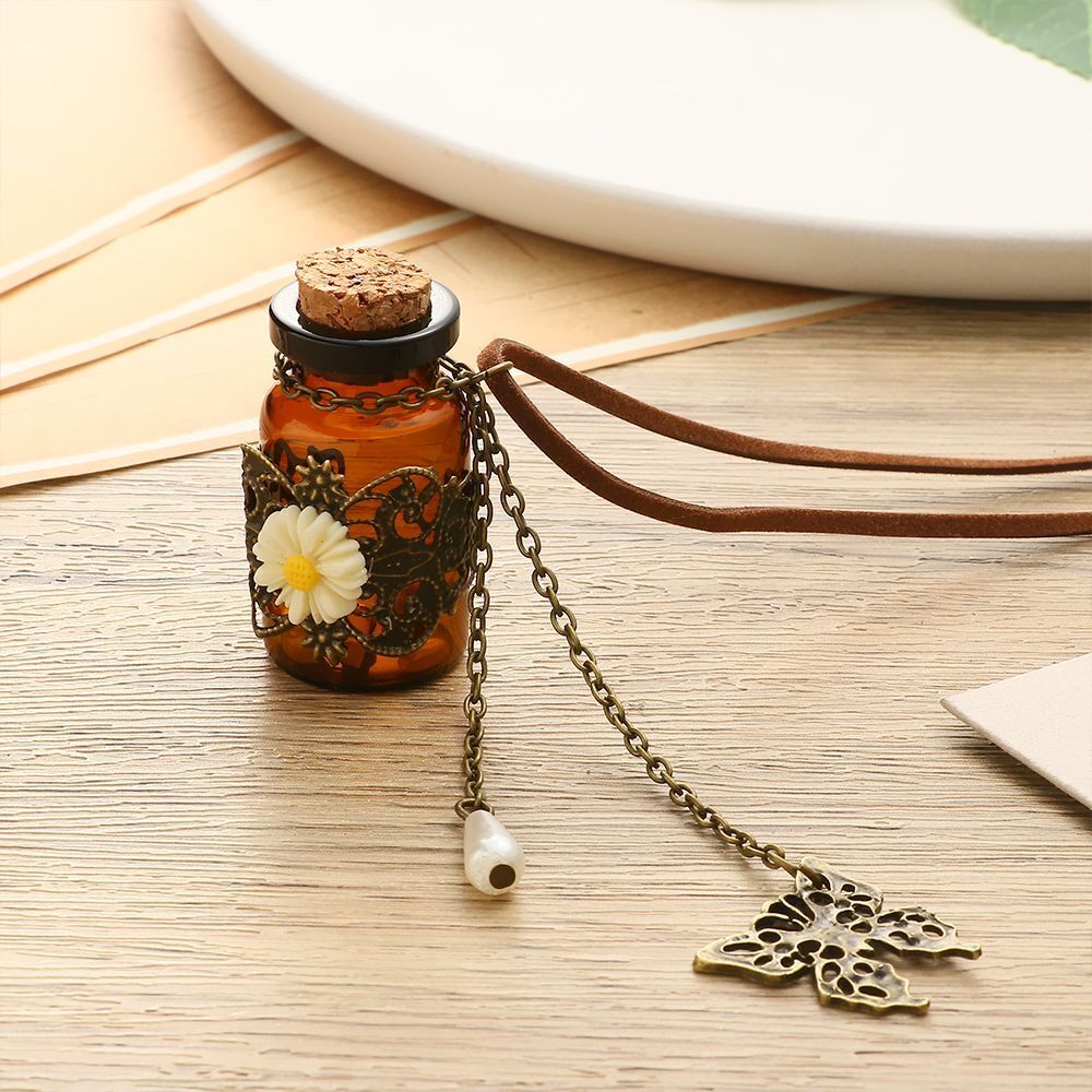 Charm Glass Flask Pendant Wishing Bottle Necklace Carved Flower Sweater Chain